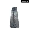 Jeans Acampanados Vintage con Estampado de Letras Azules para Hombre, Estilo Americano High Street de Primavera y Otoño, Pantalones Rectos Ajustados de Pierna Ancha, Negro