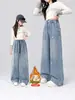 Calça Jeans Pelúcia com Laço de Strass para Meninas 2026 Outono/Inverno Média/Grande Infantil Solta Wide Leg Calça Longa Quente com Caimento