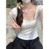 Camiseta de Manga Corta Dropshipping Transfronterizo Verano 2024 Estilo Coreano para Mujer Color Puro Ajustada Hombro Derecho Descubierto Top Corto con Cuello U