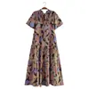 Vestido de verão 2023 novo de viscose com estampa d'água elástico de nível bolo manga curta feminino atacado saia longa manga curta