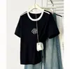 Camiseta de Punto de Manga Corta con Bloques de Color Floral Redonda para Mujer Talla Grande Verano Nueva Versátil 100 kg para Chicas Gorditas 9683