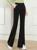 Calça Flare Nova Primavera e Outono 2025 Cintura Alta Fenda Calça Preta Stretch Slim Casual Calça Longa Feminina com Stretch em Quatro Direções