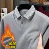 Nova Camisa Polo de Lã Forrada com Fleece Masculina de Inverno com Gola Falsa de Duas Peças Camiseta de Lã Grossa Quente Masculina para Negócios