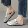 Sapatos Femininos Meia-Sapatilha Mary Jane Vazada em Couro Macio, Sandálias Abertas Fechadas Respiráveis de Verão para Uso Externo