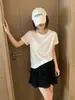 Ying+ Treze Linhas Cor Sólida Simples Manga Rebatível Floco de Neve Algodão Camiseta Gola Redonda Emagrecedora Versátil Manga Curta M36-445 Versão Lisa