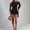 1 Conjunto de Dos Piezas de Ropa de Verano para Mujer Europea y Americana, Estilo Nuevo, Color Sólido, Moda, Top sin Mangas con Escote Asimétrico y Corbata con Pantalones Cortos Ajustados