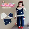 Conjunto Jeans de Três Peças com Laço de Gato Estilo Coreano para Meninas Estilo Primavera/Outono 2026 Nova Moda Infantil Roupa de Menininha