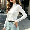 Blusa térmica feminina de outono e inverno, novo estilo, manga longa, com gola alta pequena, elegante e quente, com acabamento escovado, gola semi-alta, camada interna que afina