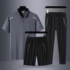 Traje deportivo de verano para hombre de mediana edad, informal, de seda de hielo, fino, de manga corta, polo, camiseta y pantalones cortos, talla grande, de secado rápido, traje de tres piezas