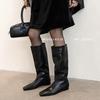 Botas de Cuña de Tacón Alto con Punta Cuadrada para Mujer 2025 Primavera y Otoño Nuevas Botas de Caballero Altas hasta la Rodilla con Mangas de Tacón Bajo Simples