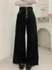 En stock jeans chic coreanos de múltiples botones azul oscuro lavado microacampanados para mujer, pantalones de pierna ancha elegantes de cintura alta 18861