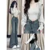 Jeans Feminino Micro Flare Outono Inicial Novo Design Sensação Tamanho Grande Cheio Cintura Alta Elástico Cobre Quadril Emagrecimento Bainha Desfiada Flare
