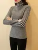 Camiseta básica de punto a rayas con cuello alto para mujer, de manga larga, adelgazante, moderna, versátil, top tipo suéter holgado para otoño e invierno