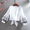 Estilo Coreano Cintura Alta Corto Elegante Bordado Manga de Farol Cuello Redondo Chic Versátil Ajustado Elegancia Camisa Suéter Superior para Mujer