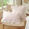 Cojín Decorativo de Algodón Estampado para San Valentín con Volantes de Encaje Estilo Francés, Funda para Almohada de Cabecera de Sofá con Lazo