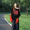 Moletom Americano Retrô High Street Ombro a Ombro Manga Longa para Mulheres no Outono e Inverno Forrado com Lã Estampado com Letras Ombro a Ombro Top Preguiçoso Jaqueta