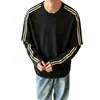 Camiseta de Manga Larga Estilo Adolescente Perezoso Americano para Hombre, Sudadera de Otoño de Peso Pesado con Cuello Pequeño y Bloques de Color a Rayas de Hilo Doble