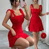 Vestido Curto de Tricô Feminino Elegante e Moderno para o Verão, Cor Lisa com Detalhe de Pérolas, Modelo Evasê, Adequado para Sair e Namorar