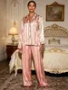 Conjunto de Pijama Jacquard Listrado Largo Estilo Europeu e Americano para Casa, Cardigã de Cetim com Manga Longa Feminino, Direto da Fábrica de Origem