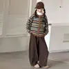 Conjunto de Otoño para Niña: Conjunto de Cardigan de Punto Rayado Color-Block Vintage y Pantalones de Pierna Ancha, Corte Holgado, Adelgazante, Conjunto de Dos Piezas de Suéter Versátil