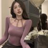 2025 Verano Sexy Deseo Puro Cuello Halter Clavícula Encaje Patchwork Camiseta Base de Manga Larga para Mujer Top Corto de Capa Interior Suave