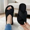 Superventas transfronterizo de pana con tiras cruzadas y puntera abierta para mujer, para casa, moda europea y americana, a rayas, cómodas zapatillas de algodón para niñas, aptas para todas las estaciones