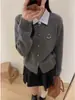 Suéter Cardigan Falso Duas Peças com Gola Polo para Mulheres, Novo Estilo Primavera e Outono, Slim Fit, Estilo College, Blusa Jaqueta Curta de Tricô