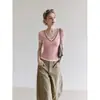Camiseta de Manga Corta Rosa con Retazos de Encaje Falso de Dos Piezas para Mujer, Estilo Veraniego de Puro Deseo Ajustada Top de Chica Atrevida