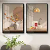 Pintura decorativa de escada duplex estilo creme parede de fundo de sofá da sala pinturas penduradas de três peças corredor corredor mural de plantas verdes