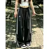 Calça de trabalho listrada bordada estilo americano azul marinho para mulheres, verão cintura alta solta casual proteção solar reta secagem rápida calça esportiva