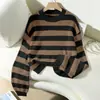 Suéter para Mujer 2025 para Otoño e Invierno, Suéter de Cuello Redondo de Alto Nivel con Rayas Anchas, Top Corto de Punto Acanalado con Bloques de Color