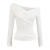 Camiseta Gris Estilo Coreano Puro Deseo Hombro Descubierto Manga Larga para Mujer a Principios de Otoño Chica Popular Cuello en V Cruzado Cintura Ceñida Top Corto
