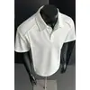 Camisa Polo Patchwork Desconstruido de Color Sólido Estilo Americano para Hombre, Manga Corta, Corte Limpio Moderno, Estilo Old Money, Hombro Normal, Cuello Campana, Manga Corta