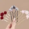 Novo Pente de Cabeça Chinoiserie com Quatro Dentes Grampo de Cabelo Rosa Vermelha Grampo de Cabelo em Forma de U Acessórios de Cabelo Estilo Antigo Feminino Pente de Cabelo de Pérola de Alta Qualidade