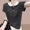 Camiseta de Manga Corta Rayada de Seda Helada para Mujer, Nuevo Estilo Verano 2026, Cuello Polo, Corte Holgado, Diseño Adelgazante, Top de Punto