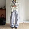 Pantalones de pierna ancha plisados de línea A a rayas azul claro estilo americano para hombre, holgados y versátiles para el uso casual diario, pantalones de corte limpio