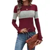 Camiseta Casual Color Block com Costura Canelada, Gola Redonda, Estilo Europeu e Americano, Nova Coleção Primavera 2026 para Mulheres, Amazon Temu Site Independente