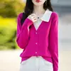 Venta al por mayor transfronteriza Otoño 2025 Nuevas blusas de moda para mujer, Camisas elegantes de imitación de dos piezas, Suéteres, Corte holgado, Adelgazantes, Prendas de punto con cuello camisero
