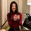 Tejido de hilo de núcleo, suéter de punto de cuello alto medio estilo francés, prenda base color block para mujer, adecuado para primavera, otoño e invierno