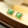 Pendientes de Plata de Ley S925 de Esmeralda Africana de Cuatro Hojas para Mujer, Nuevo Estilo Chino, Lujo Ligero, Pendientes Simples y de Alta Gama, Regalo para Novia