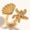 Anillo Abierto de Estrella de Mar Transfronterizo Europeo y Americano de Acero Inoxidable Chapado en Oro de 18 Quilates Moda Vintage Joyería de Personalidad para Mujeres
