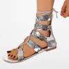 Tacones Sandalias Romanas para Mujer Exportación Estilo de Lujo Europeo y Americano Planos Zapatos Romanos Sandalias con Tira Cruzada y Cremallera Trasera para Mujer