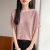 Nuevo Suéter de Punto Redondo con Mangas Murciélago, Manga Corta, Color Sólido, Calado, Corte Holgado, Camiseta Base Superior