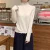 Tiro real: Camiseta feminina de manga longa slim fit com gola alta franzida estilo coreano para outono 18073