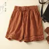 Foto Real de Pantalones de Encaje Hueco Vintage de Algodón y Lino para Mujer, Pantalones de Pierna Ancha Elásticos con Cintura de Corbata, Pantalones Casuales, Shorts Rectos Versátiles