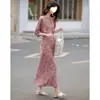 Elegante Vestido de Chá Retrô Estampado para Mulheres Verão 2025 Novo Vestido Longo de Uma Alça com Cintura