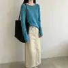 Malha azul lago! Blusa de malha solta de algodão seda lyocell com bainha enrolada, manga longa, para outono precoce, feminina