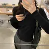Suéter versátil de cuello medio alto y hombros descubiertos estilo coreano para mujer, nuevo top corto de punto holgado para otoño, casual y ajustado