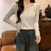 Camiseta Básica de Algodão Puro com Manga Longa para Primavera e Outono Feminina 2025 Nova Slim Gola Redonda Baixa Top de Ombro Direito