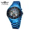 Ganador Moda Casual Masculina Estilo Europeo y Americano con Esfera Azul Calada Automático Mecánico Reloj Venta al por Mayor Disponible